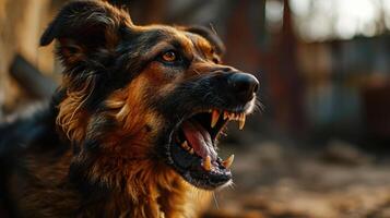 ai generado alemán pastor perro con abierto boca en borroso fondo, de cerca. animal rabia. foto