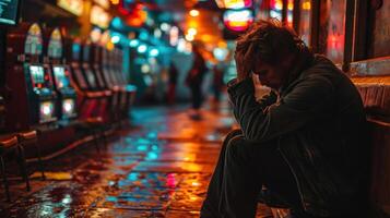 AI generated Night shot of a young man sitting on the floor of a slot machine, lost everything. photo