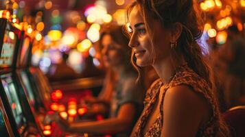 ai generado mujer jugando espacio máquina en casino. foto