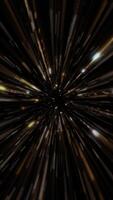 vertical vídeo - brilhando dourado estrelas dentro espaço fundo. vôo através uma galáxia do ouro estrelas e partículas às super velozes hiperespaço urdidura velocidade. looping, cheio hd cósmico movimento fundo animação. video