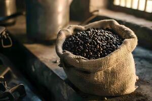 AI generated Vintage Brew - Roasted Coffee Beans in Old Sack on Wooden Table, Blurred Background photo