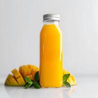 AI generated Mango Delight - Fresh Mango Juice in a Glass Bottle, with Mango Slices - Embracing the Healthy Food Concept photo