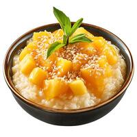 AI generated Delectable Mango Sticky Rice - Thai Dessert Isolated on White photo