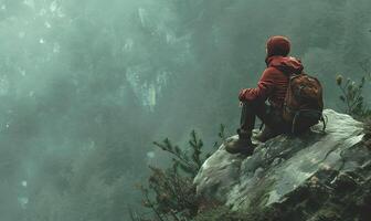 AI generated Man Sitting with Backpack on Top of Rock, Embracing Light Red and Dark Green Tones - solo travel concept - outdoor photo