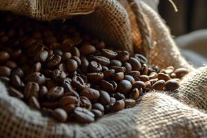 AI generated Close-Up View of Roasted Coffee Beans in Open Burlap Sack on Wooden Table - Bean Delight. photo