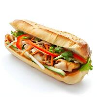 ai generado delicioso banh mi sándwich, un fusión de sabores, aislado en un limpiar blanco antecedentes foto