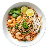 AI generated Authentic Pad Thai - Thai Noodle Dish Isolated on White top view photo