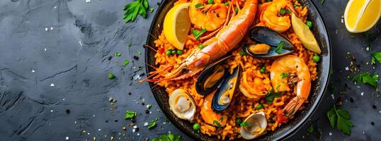 ai generado Español paella - a base de mariscos en gris y oro lámina, minimalista panorámico de cerca ver foto