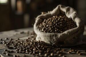 AI generated Vintage Brew - Roasted Coffee Beans in Old Sack on Wooden Table, Blurred Background photo