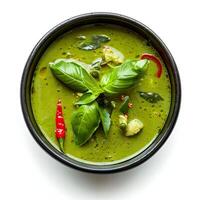 AI generated Vibrant Green Curry - Thai Dish Isolated on White, Top View photo