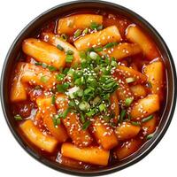 AI generated Fiery and flavorful tteokbokki spicy rice cakes isolated on a clean white background, iconic Korean street food photo