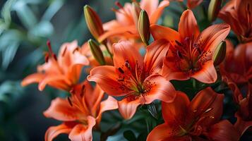 AI generated Captivating Closeup View of Outdoor Lily Flowers, Radiant Beauty Amidst Bokeh Background photo