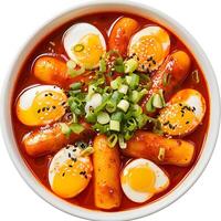 ai generado ardiente y sabroso tteokbokki picante arroz pasteles aislado en un limpiar blanco fondo, icónico coreano calle comida foto