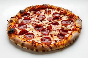 ai generado delicioso pepperoni Pizza en un limpiar blanco fondo, de cerca ver foto