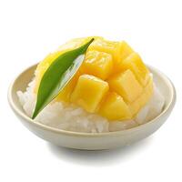 AI generated Delectable Mango Sticky Rice - Thai Dessert Isolated on White photo