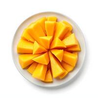 AI generated Sliced Mango on Plate - Tempting Tropical Delight Isolated on White photo