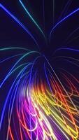 Vertical video - abstract swirling glowing neon digital light beams background. This dynamic colorful motion background animation is full HD and a seamless loop.