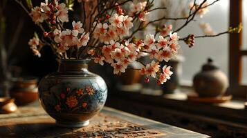 ai generado Cereza flores en un antiguo florero, eterno elegancia y delicado belleza foto