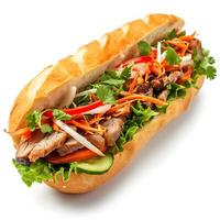 ai generado delicioso banh mi sándwich, un fusión de sabores, aislado en un limpiar blanco antecedentes foto