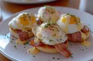AI generated Trio of Egg Benedict - Poached Eggs and Meat on a White Plate photo