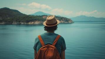 AI generated Seaside Reflections - Solo Traveler Man Contemplating the Vastness of the Water photo