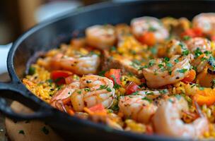 ai generado Español Mariscos enchilada paella - un fusión de sabores en un negro hierro pan de cerca ver foto