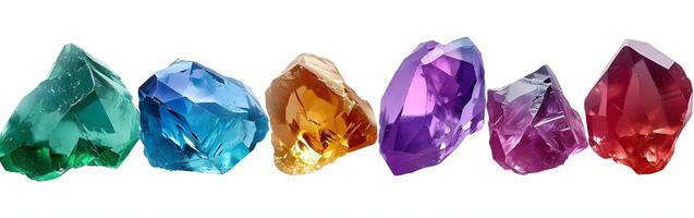 AI generated Radiant Splendor - Multicolored Gemstone Jewels in a Row, Isolated on a White Background photo