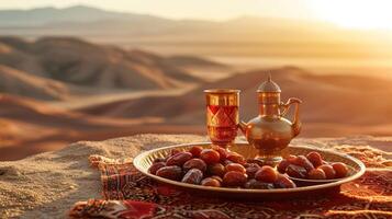 ai generado suntuoso delicias - Ramadán fecha plato en un sereno Desierto ajuste foto