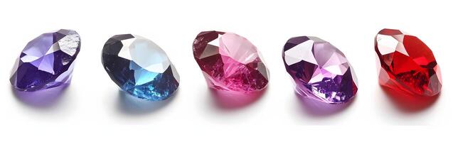 AI generated Radiant Splendor - Multicolored Gemstone Jewels in a Row, Isolated on a White Background photo