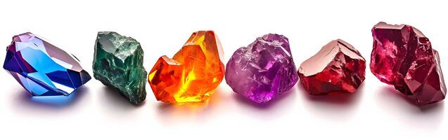 AI generated Radiant Splendor - Multicolored Gemstone Jewels in a Row, Isolated on a White Background photo