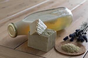 Homemade laundry, Marseille grated soap, DIY, do it yourself, zero waste, eco friendly, natural product for wash and cleaning with lavender photo