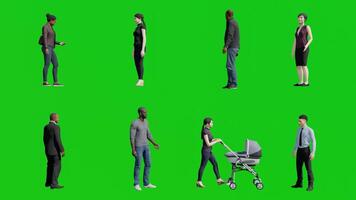 Group of Mixed 3d People Standing and Walking on Green Screen Background video