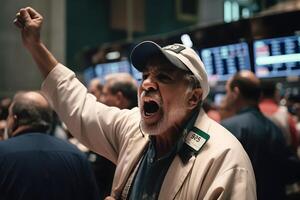 AI generated caucasian man yelling with rised hand in stock exchange, neural network generated image photo