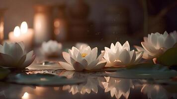 AI generated zen ambience - lotus flower on water surface with bokeh. Neural network generated image photo