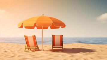 ai generado naranja playa paraguas con sillas en el arena playa - verano vacaciones tema encabezamiento, neural red generado Arte foto