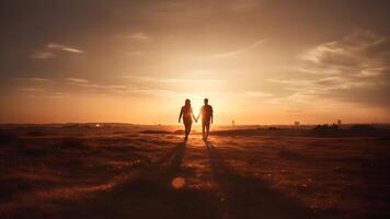 ai generado un heterosexual humano Pareja siluetas participación manos y caminando hacia amanecer a verano campo, neural red generado fotorrealista imagen foto