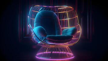 AI generated neon wire chair with a yellow pink and blue glow on dark background, neural network generated image photo