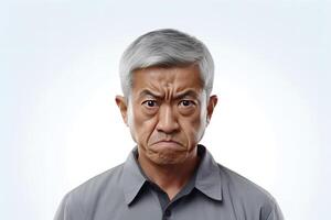 AI generated Angry mature Asian man, head and shoulders portrait on white background. Neural network generated image photo