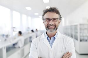 AI generated portrait of smiling male scientist in laboratory, neural network generated image photo