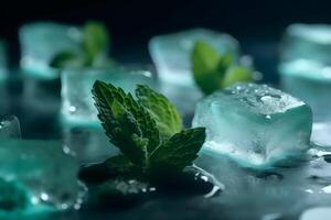 AI generated Ice cubes with fresh green mint leaves closeup on dark background, neural network generated image photo