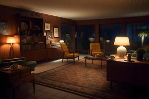 AI generated photorealistic mid century interior at summer night, neural network generated photorealistic image photo