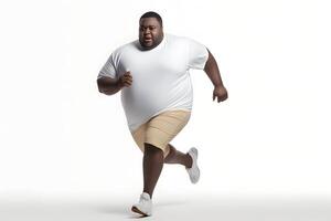 ai generado exceso de peso africano americano hombre corriendo en blanco fondo, concepto de exceso de peso y peso pérdida. neural red generado fotorrealista imagen foto