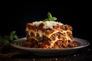 AI generated classic Italian lasagna with layers of pasta on black plate on table on dark background. Neural network photorealistic generated image photo