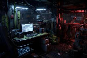 AI generated Messy and dark cyberpunk hacker hideout room. Neural network generated image photo