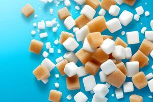 AI generated white and brown sugar cubes piled on a bright blue background, neural network generated photorealistic image photo