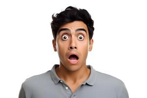 AI generated Surprised young adult Latin American man on white background. Neural network generated photorealistic image. photo
