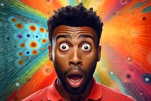 AI generated Surprised and scared young adult African American man on colorful background. Neural network generated photorealistic image. photo