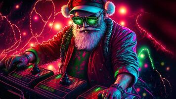 AI generated santa claus playing on analog synthesizer, synthwave style, neural network generated art photo