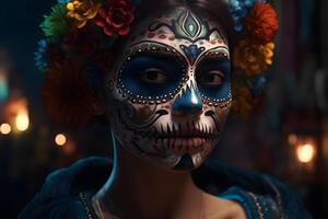 AI generated cinematic photorealistic portrait of gorgeous woman sugar skull at day of the dead, neural network generated image photo