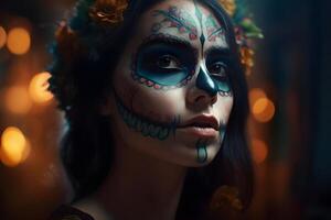 AI generated cinematic photorealistic portrait of gorgeous woman sugar skull at day of the dead, neural network generated image photo